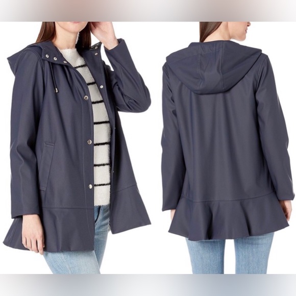 Kate Spade Ruffled Hem Peplum Trench Coat Jacket Water Resistant Navy Blue NEW